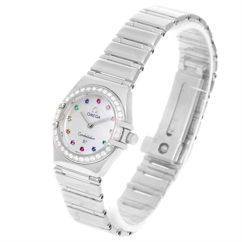 The image shows a front-side view of the Omega 1465.79.00 Women
s Stainless Steel Mother of Pearl Dial 1465.79.00 Women
s Stainless Steel Mother of Pearl Dial Constellation Iris My Choice Steel Multi Stone Watch 1465.79.00.