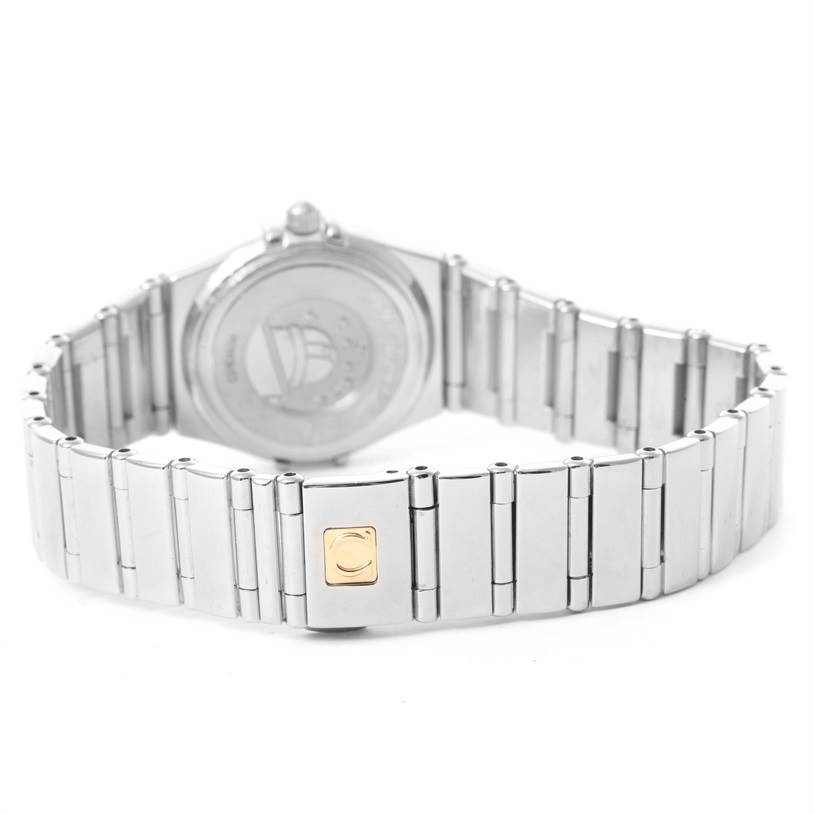 The image shows the back view of the Omega 1465.79.00 Women
s Stainless Steel Mother of Pearl Dial 1465.79.00 Women
s Stainless Steel Mother of Pearl Dial Constellation Iris My Choice Steel Multi Stone Watch 1465.79.00, highlighting the clasp and band.