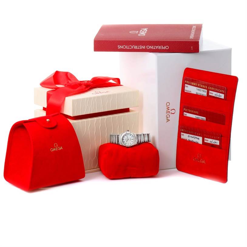 The Omega 1465.79.00 Women
s Stainless Steel Mother of Pearl Dial 1465.79.00 Women
s Stainless Steel Mother of Pearl Dial Constellation Iris My Choice Steel Multi Stone Watch model 1465.79.00 is displayed with its original packaging and warranty cards.