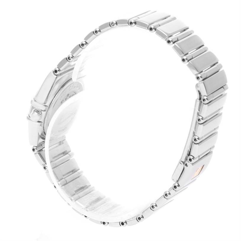 The image shows a side angle view of the stainless steel bracelet and clasp of the Omega 1465.79.00 Women
s Stainless Steel Mother of Pearl Dial 1465.79.00 Women
s Stainless Steel Mother of Pearl Dial Constellation Iris My Choice Steel Multi Stone Watch 1465.79.00 model.