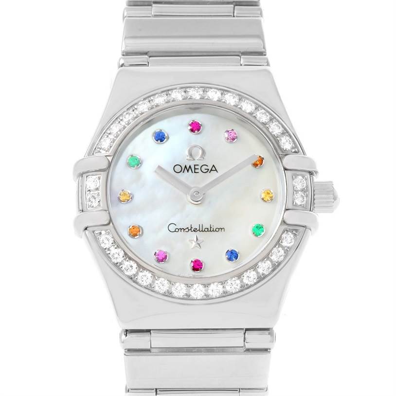 This image shows a full-frontal view of the Omega 1465.79.00 Women
s Stainless Steel Mother of Pearl Dial 1465.79.00 Women
s Stainless Steel Mother of Pearl Dial Constellation Iris My Choice Steel Multi Stone Watch 1465.79.00.