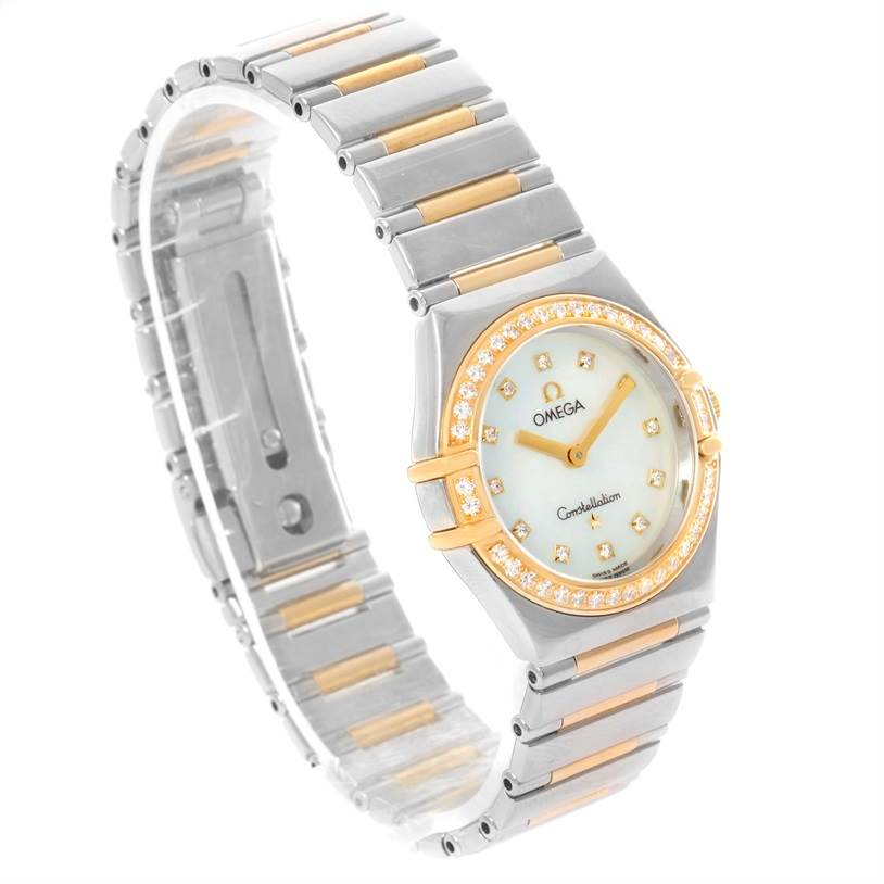 This image shows an Omega 1376.75.00 Women
s Steel and Gold (two tone) Mother of Pearl Dial 1376.75.00 Women
s Steel and Gold (two tone) Mother of Pearl Dial Constellation My Choice Steel Yellow Gold Diamond Watch 1376.75.00 from a high-angle side view.