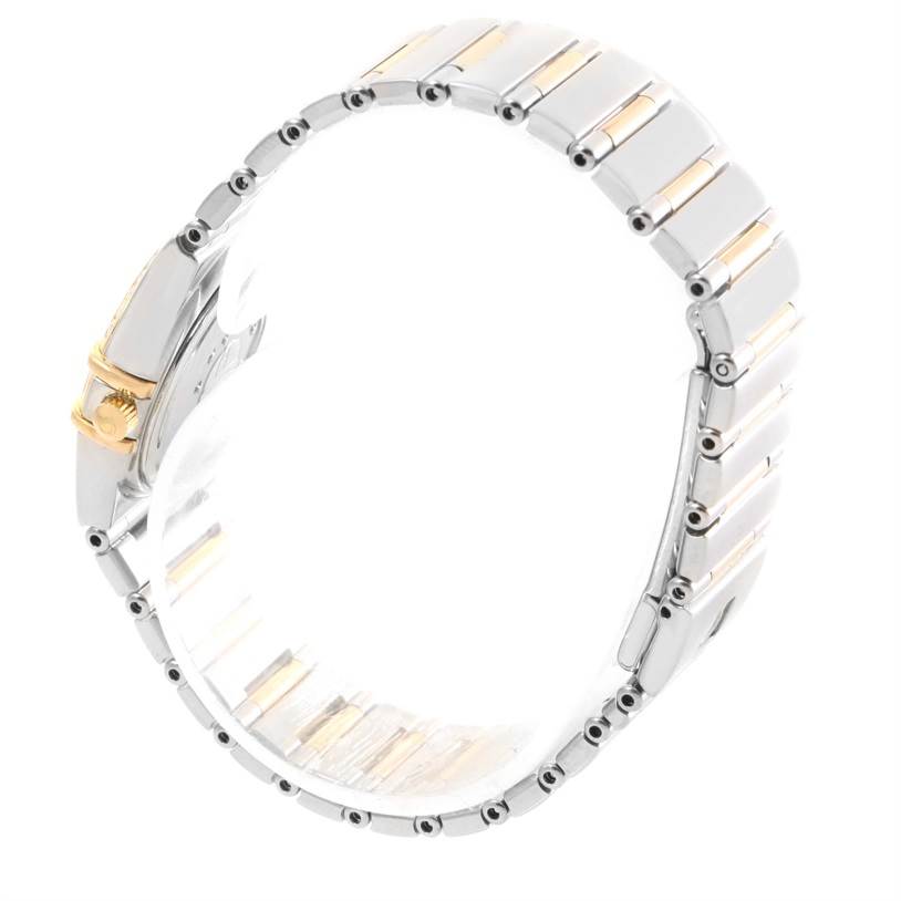 This image shows the side view of an Omega 1376.75.00 Women
s Steel and Gold (two tone) Mother of Pearl Dial 1376.75.00 Women
s Steel and Gold (two tone) Mother of Pearl Dial Constellation My Choice Steel Yellow Gold Diamond Watch 1376.75.00, focusing on the bracelet and clasp.