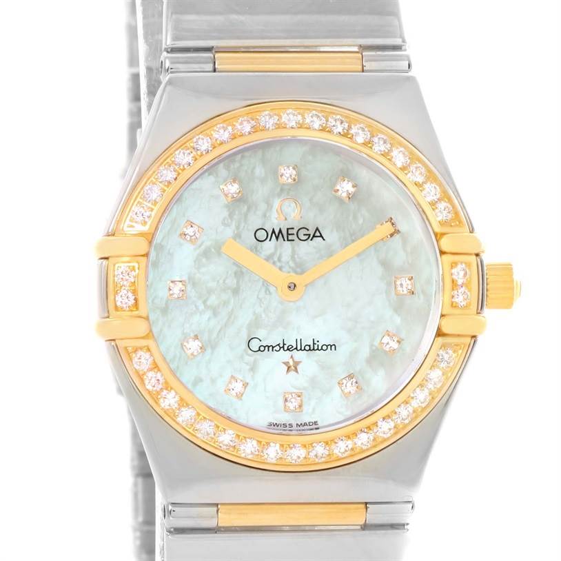 This is a close-up of the Omega 1376.75.00 Women
s Steel and Gold (two tone) Mother of Pearl Dial 1376.75.00 Women
s Steel and Gold (two tone) Mother of Pearl Dial Constellation My Choice Steel Yellow Gold Diamond Watch 1376.75.00, showing the face and part of the bracelet.