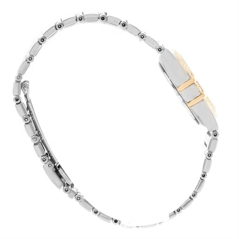 The image shows a side view of the Omega 1376.75.00 Women
s Steel and Gold (two tone) Mother of Pearl Dial 1376.75.00 Women
s Steel and Gold (two tone) Mother of Pearl Dial Constellation My Choice Steel Yellow Gold Diamond Watch 1376.75.00, highlighting its band and clasp.