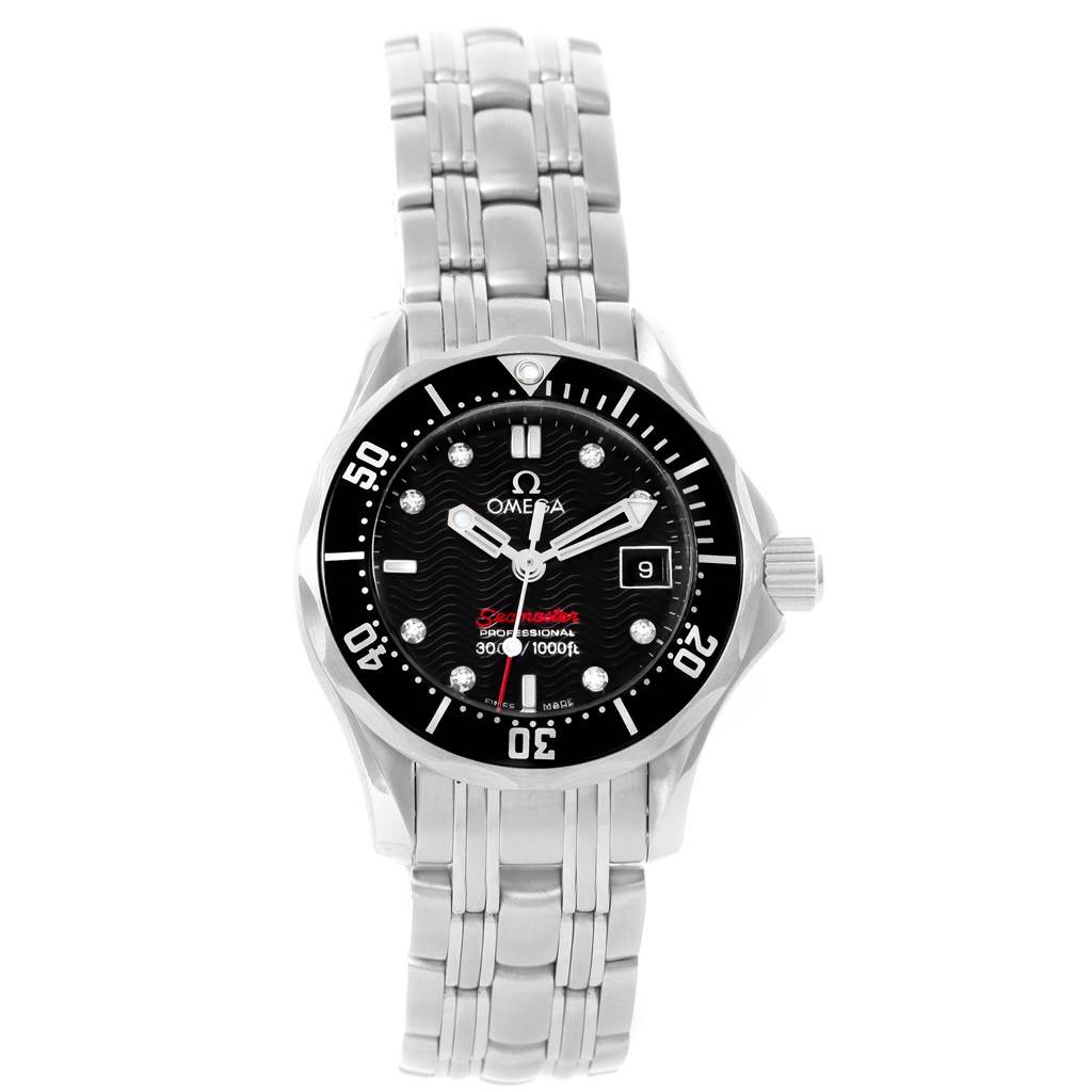 The image shows a front view of the Omega 212.30.28.61.51.001 Women's Stainless Steel Black Dial 212.30.28.61.51.001 Women's Stainless Steel Black Dial Seamaster Bond 28 Diamond Ladies Watch 212.30.28.61.51.001.