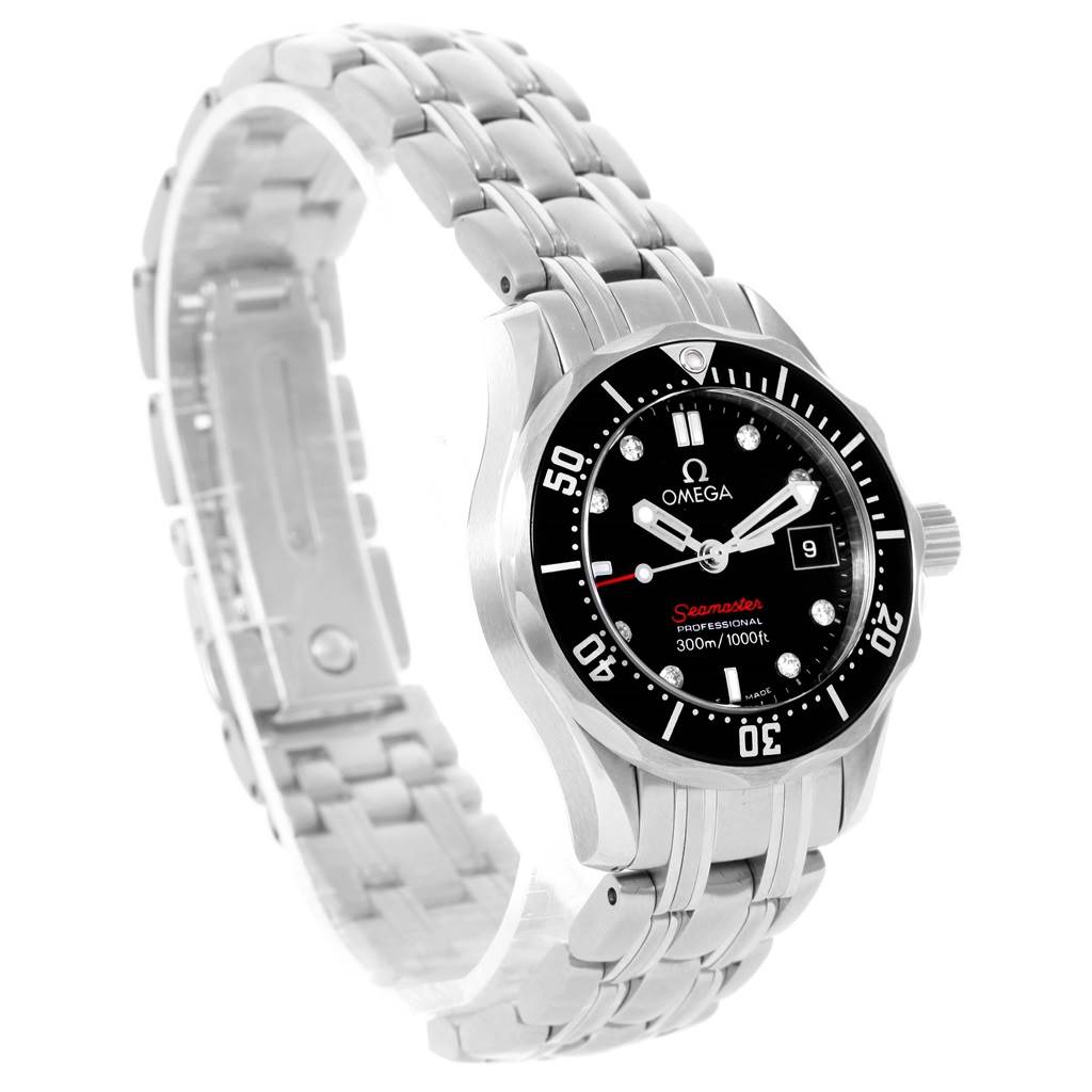 The image shows a side angle of the Omega 212.30.28.61.51.001 Women's Stainless Steel Black Dial 212.30.28.61.51.001 Women's Stainless Steel Black Dial Seamaster Bond 28 Diamond Ladies Watch 212.30.28.61.51.001, highlighting the face, bezel, and bracelet.