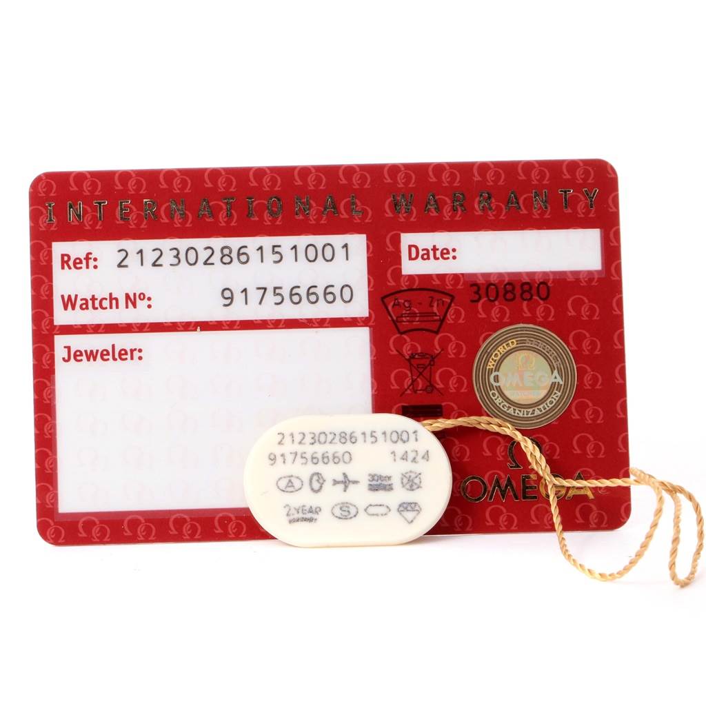 The image shows the international warranty card and a tag for the Omega 212.30.28.61.51.001 Women's Stainless Steel Black Dial 212.30.28.61.51.001 Women's Stainless Steel Black Dial Seamaster Bond 28 Diamond Ladies Watch 212.30.28.61.51.001.