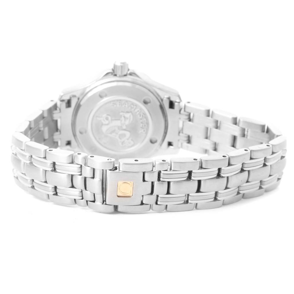 The image shows the back and bracelet of the Omega 212.30.28.61.51.001 Women's Stainless Steel Black Dial 212.30.28.61.51.001 Women's Stainless Steel Black Dial Seamaster Bond 28 Diamond Ladies Watch 212.30.28.61.51.001.