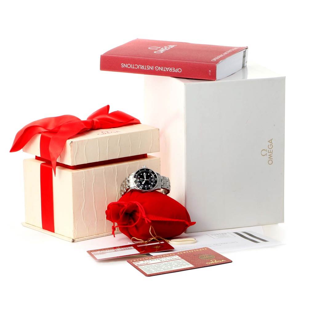 The Omega 212.30.28.61.51.001 Women's Stainless Steel Black Dial 212.30.28.61.51.001 Women's Stainless Steel Black Dial Seamaster Bond 28 Diamond Ladies Watch 212.30.28.61.51.001 is shown with its packaging, instruction booklet, and tags.