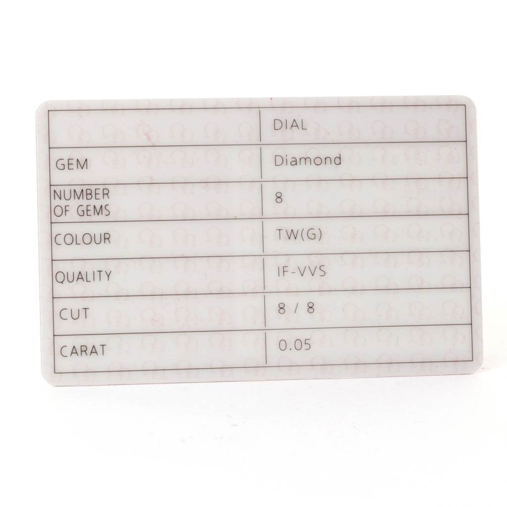 This card details the diamond characteristics for the Omega 212.30.28.61.51.001 Women's Stainless Steel Black Dial 212.30.28.61.51.001 Women's Stainless Steel Black Dial Seamaster Bond 28 Diamond Ladies Watch 212.30.28.61.51.001.