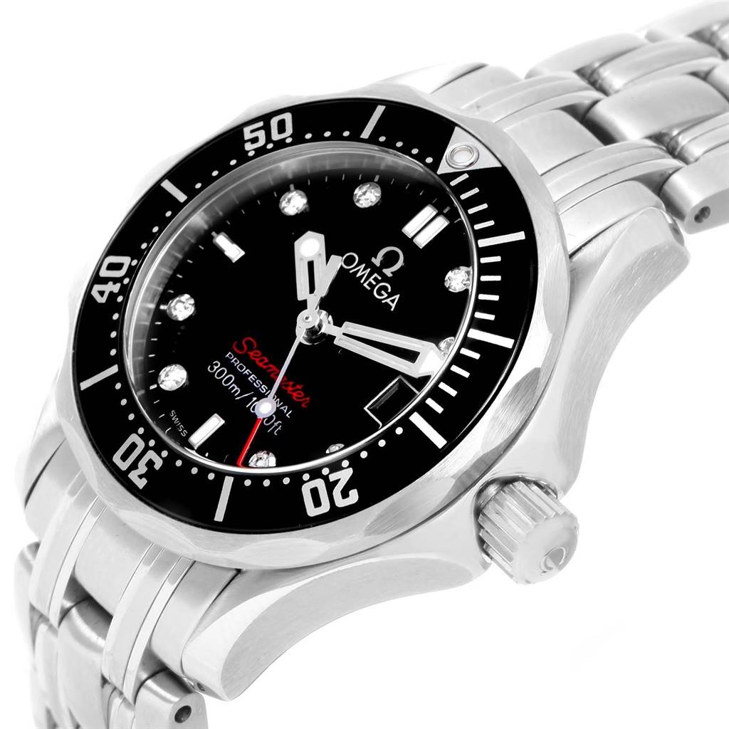 The image shows an angled view of the Omega 212.30.28.61.51.001 Women's Stainless Steel Black Dial 212.30.28.61.51.001 Women's Stainless Steel Black Dial Seamaster Bond 28 Diamond Ladies Watch 212.30.28.61.51.001, highlighting the face and bezel.