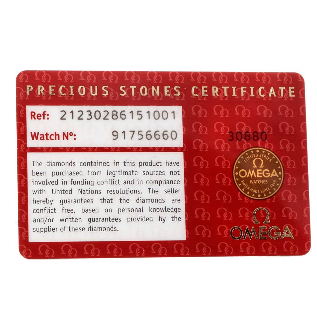 The image shows a "Precious Stones Certificate" card for the Omega 212.30.28.61.51.001 Women's Stainless Steel Black Dial 212.30.28.61.51.001 Women's Stainless Steel Black Dial Seamaster Bond 28 Diamond Ladies Watch model 212.30.28.61.51.001.