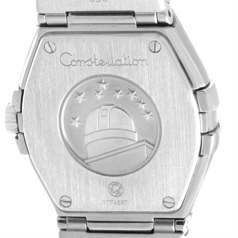 The image shows the back of the Omega 123.15.27.60.52.001 Women
s Stainless Steel Silver Dial 123.15.27.60.52.001 Women
s Stainless Steel Silver Dial Constellation 27mm Diamond Ladies Watch model 123.15.27.60.52.001.