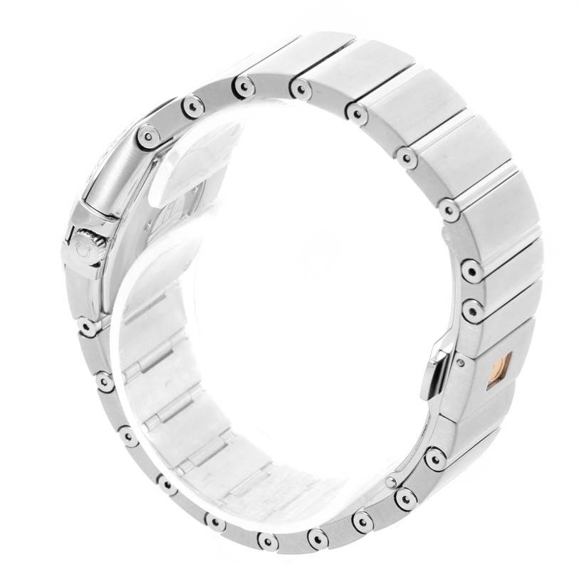 This image shows the bracelet and clasp of the Omega 123.15.27.60.52.001 Women
s Stainless Steel Silver Dial 123.15.27.60.52.001 Women
s Stainless Steel Silver Dial Constellation 27mm Diamond Ladies Watch model 123.15.27.60.52.001.