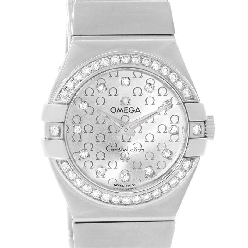 The image shows a front view of the Omega 123.15.27.60.52.001 Women
s Stainless Steel Silver Dial 123.15.27.60.52.001 Women
s Stainless Steel Silver Dial Constellation 27mm Diamond Ladies Watch 123.15.27.60.52.001, displaying its dial and bezel.