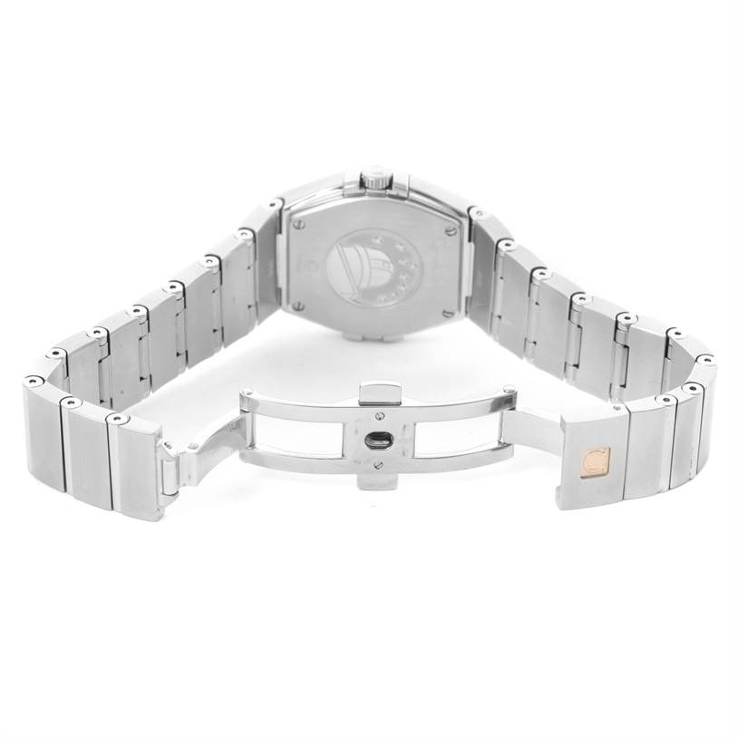 The image shows the back of the Omega 123.15.27.60.52.001 Women
s Stainless Steel Silver Dial 123.15.27.60.52.001 Women
s Stainless Steel Silver Dial Constellation 27mm Diamond Ladies Watch 123.15.27.60.52.001 with the clasp open.