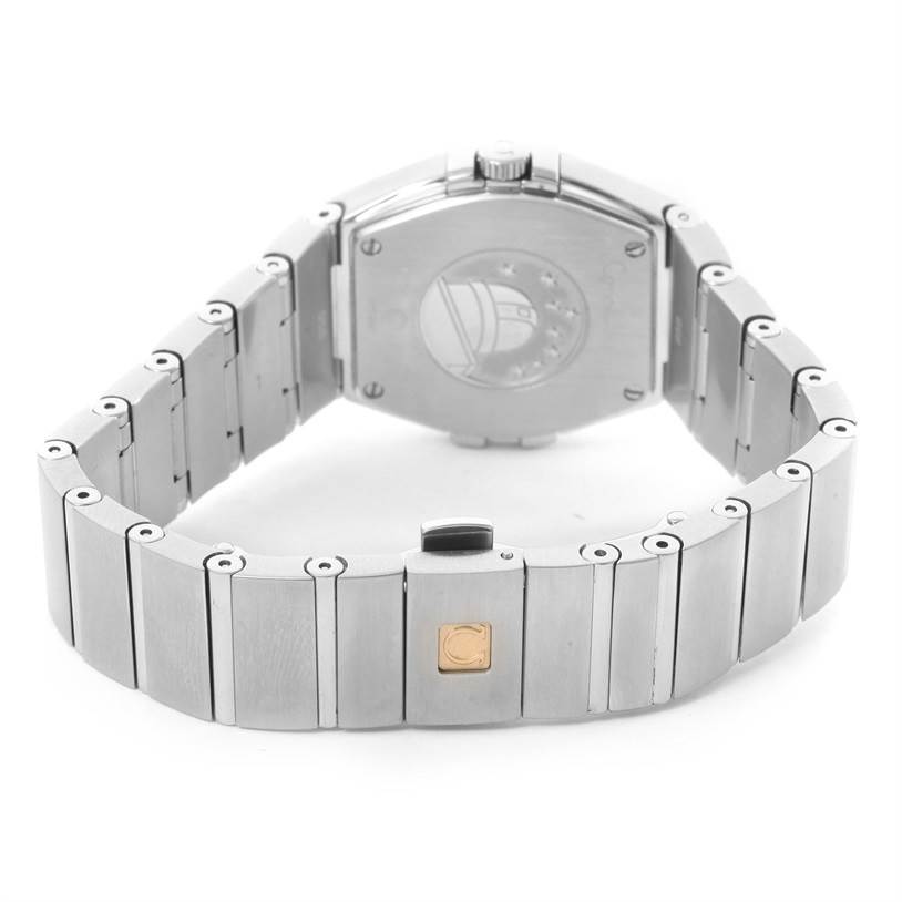 The image shows the back view of an Omega 123.15.27.60.52.001 Women
s Stainless Steel Silver Dial 123.15.27.60.52.001 Women
s Stainless Steel Silver Dial Constellation 27mm Diamond Ladies Watch 123.15.27.60.52.001, including the bracelet and clasp.