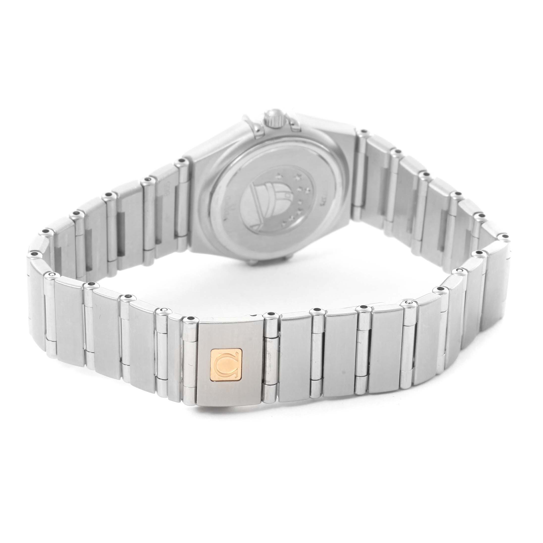 The image shows the back and bracelet of the Omega 1455.77.00 Women's Stainless Steel Mother of Pearl Dial 1455.77.00 Women's Stainless Steel Mother of Pearl Dial Constellation My Choice Diamond Steel Ladies Watch 1455.77.00.