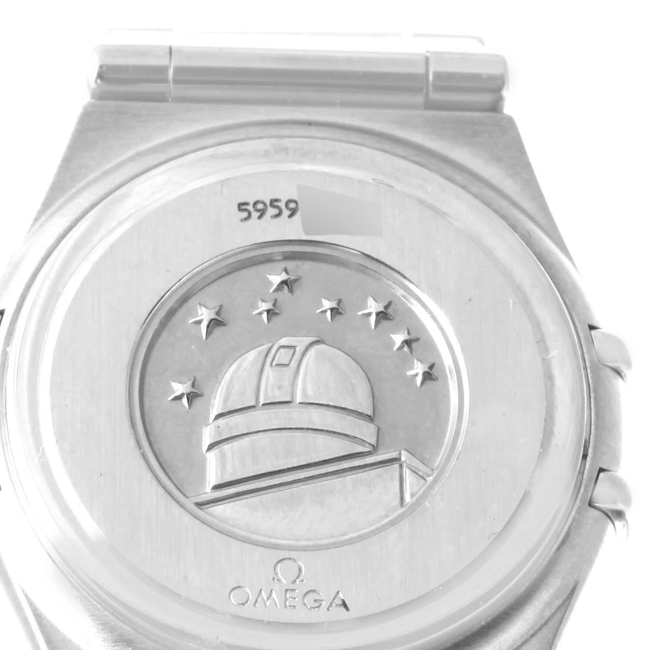 The image shows the back case of the Omega 1455.77.00 Women's Stainless Steel Mother of Pearl Dial 1455.77.00 Women's Stainless Steel Mother of Pearl Dial Constellation My Choice Diamond Steel Ladies Watch 1455.77.00 with an observatory engraving.