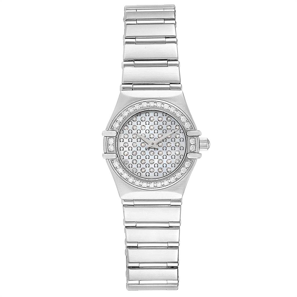 The image shows a frontal view of the Omega 1455.77.00 Women's Stainless Steel Mother of Pearl Dial 1455.77.00 Women's Stainless Steel Mother of Pearl Dial Constellation My Choice Diamond Steel Ladies Watch 1455.77.00, displaying the face and bracelet.