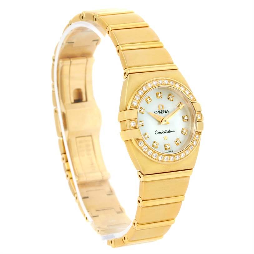 The image shows an Omega 1189.75.00 Women
s Yellow Gold Mother of Pearl Dial 1189.75.00 Women
s Yellow Gold Mother of Pearl Dial Constellation Double Eagle Yellow Gold Diamond Watch 1189.75.00 from an angled side view.