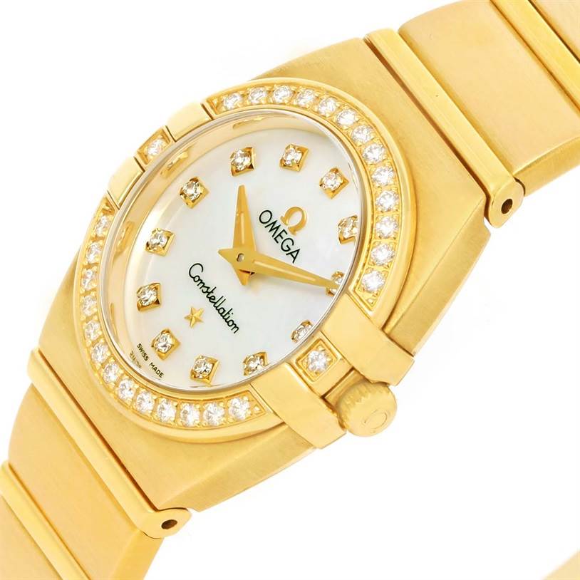 The Omega 1189.75.00 Women
s Yellow Gold Mother of Pearl Dial 1189.75.00 Women
s Yellow Gold Mother of Pearl Dial Constellation Double Eagle Yellow Gold Diamond Watch 1189.75.00 is shown at a slight angle, highlighting the face, bezel, and bracelet.