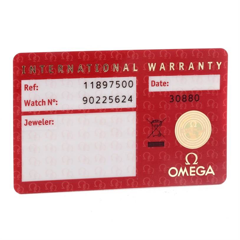This image shows the International Warranty card for the Omega 1189.75.00 Women
s Yellow Gold Mother of Pearl Dial 1189.75.00 Women
s Yellow Gold Mother of Pearl Dial Constellation Double Eagle Yellow Gold Diamond Watch model 1189.75.00.