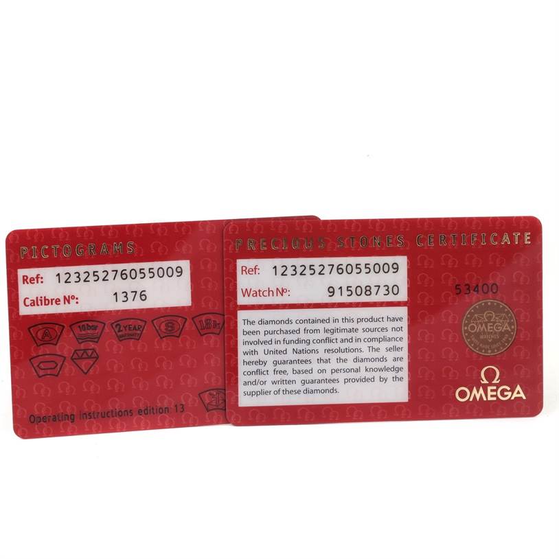 The image shows the warranty and precious stones certificate cards for the Omega 123.25.27.60.55.009 Women
s Steel and Gold (two tone) Mother of Pearl Dial 123.25.27.60.55.009 Women
s Steel and Gold (two tone) Mother of Pearl Dial Constellation Diamond Steel Rose Gold Watch 123.25.27.60.55.009.