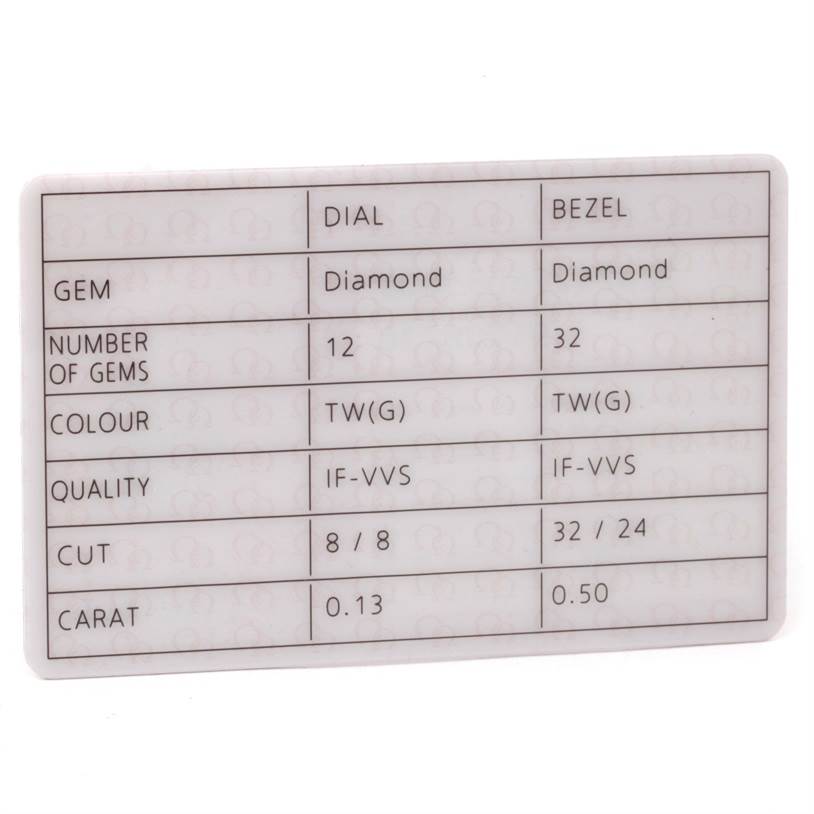 This image shows a diamond certificate for the Omega 123.25.27.60.55.009 Women
s Steel and Gold (two tone) Mother of Pearl Dial 123.25.27.60.55.009 Women
s Steel and Gold (two tone) Mother of Pearl Dial Constellation Diamond Steel Rose Gold Watch 123.25.27.60.55.009, detailing the dial and bezel.
