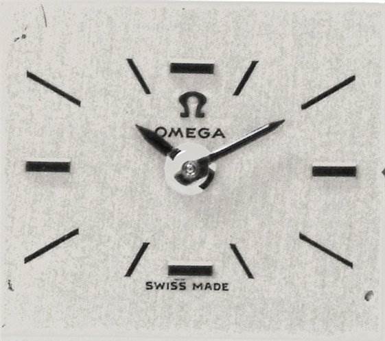 The image shows the face of an Omega Women's White Gold Silver Dial Women's White Gold Silver Dial Vintage Ladies 18k White Gold watch model with Diamonds.