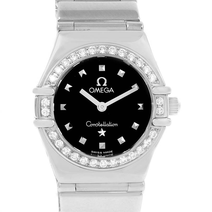 The image shows a front view of the Omega 1465.51.00 Women
s Stainless Steel Black Dial 1465.51.00 Women
s Stainless Steel Black Dial Constellation My Choice Mini Ladies Diamond Watch 1465.51.00 with a black dial and diamond bezel.