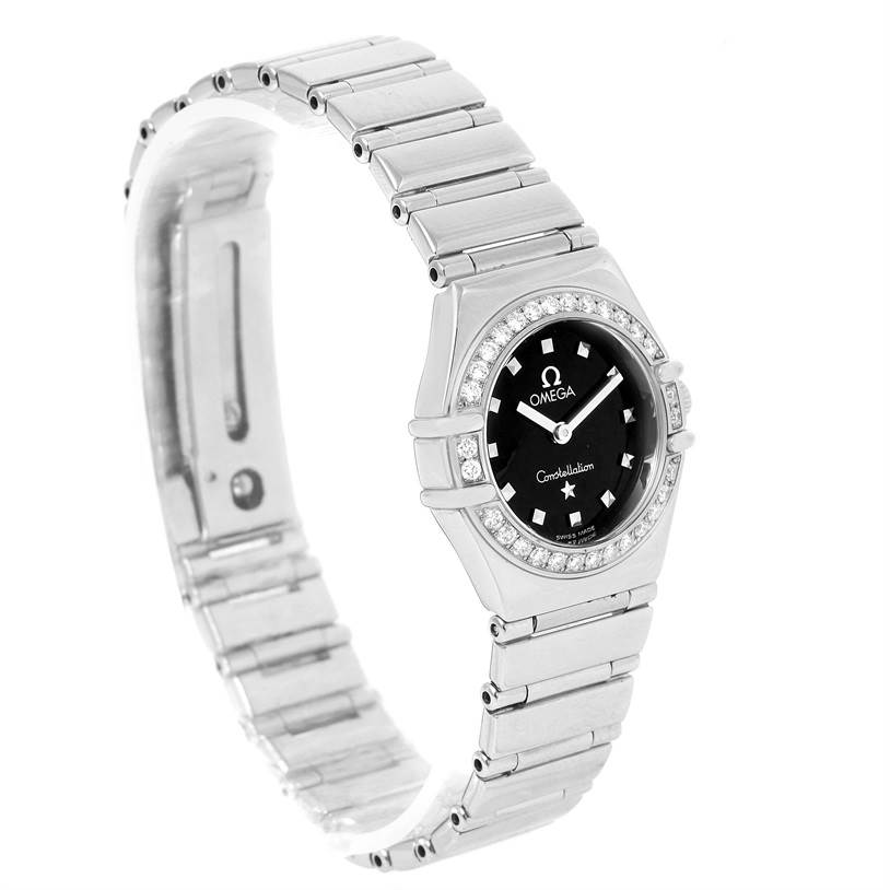 The image shows the left-side angle of the Omega 1465.51.00 Women
s Stainless Steel Black Dial 1465.51.00 Women
s Stainless Steel Black Dial Constellation My Choice Mini Ladies Diamond Watch 1465.51.00, highlighting its bracelet and diamond bezel.