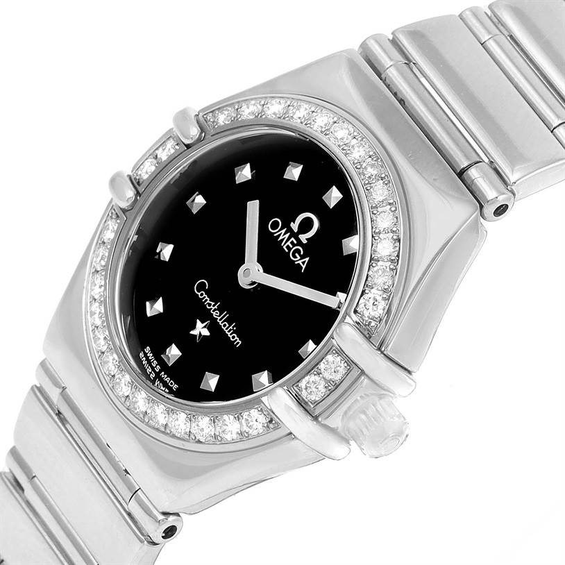 The image shows a close-up, angled view of the face and part of the band of the Omega 1465.51.00 Women
s Stainless Steel Black Dial 1465.51.00 Women
s Stainless Steel Black Dial Constellation My Choice Mini Ladies Diamond Watch 1465.51.00.