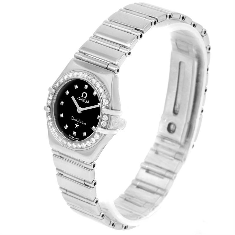 This image shows the Omega 1465.51.00 Women
s Stainless Steel Black Dial 1465.51.00 Women
s Stainless Steel Black Dial Constellation My Choice Mini Ladies Diamond Watch 1465.51.00 from a front side angle, displaying the face and band.