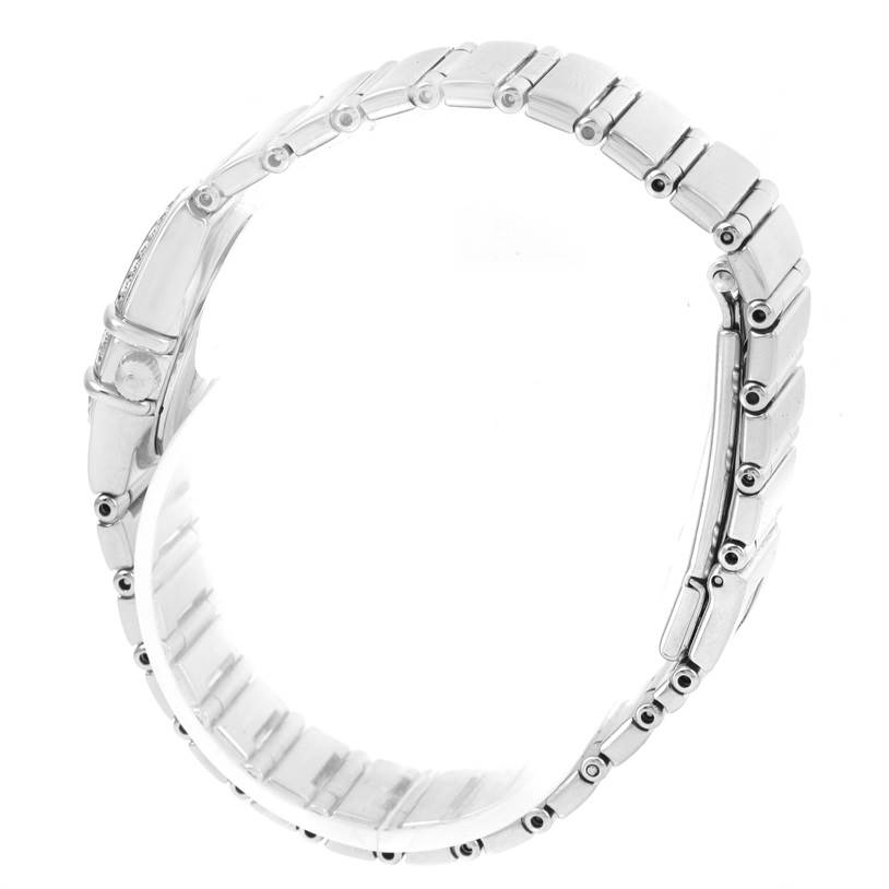 This is a side view of the bracelet and clasp of the Omega 1465.51.00 Women
s Stainless Steel Black Dial 1465.51.00 Women
s Stainless Steel Black Dial Constellation My Choice Mini Ladies Diamond Watch 1465.51.00.