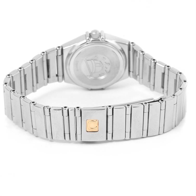 The image shows the back and bracelet of an Omega 1465.51.00 Women
s Stainless Steel Black Dial 1465.51.00 Women
s Stainless Steel Black Dial Constellation My Choice Mini Ladies Diamond Watch 1465.51.00.