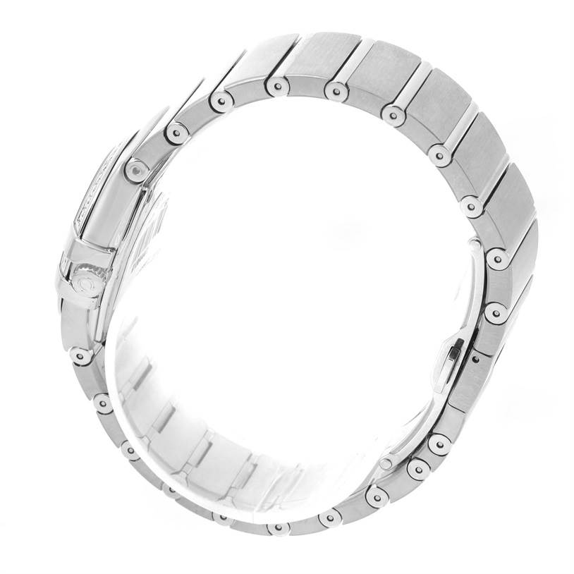 This image shows the side view of the bracelet and clasp of the Omega 123.15.27.60.05.001 Women
s Stainless Steel Mother of Pearl Dial 123.15.27.60.05.001 Women
s Stainless Steel Mother of Pearl Dial Constellation 27mm Diamond Ladies Watch 123.15.27.60.05.001.