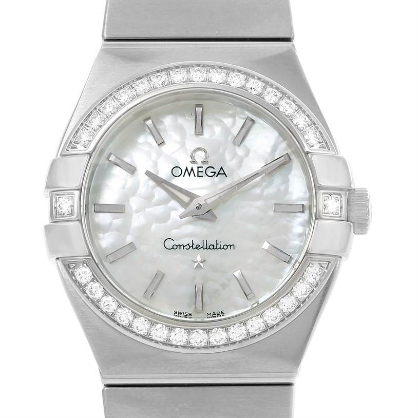 The image shows a front view of the Omega 123.15.27.60.05.001 Women
s Stainless Steel Mother of Pearl Dial 123.15.27.60.05.001 Women
s Stainless Steel Mother of Pearl Dial Constellation 27mm Diamond Ladies Watch, model 123.15.27.60.05.001, highlighting its dial and bezel.