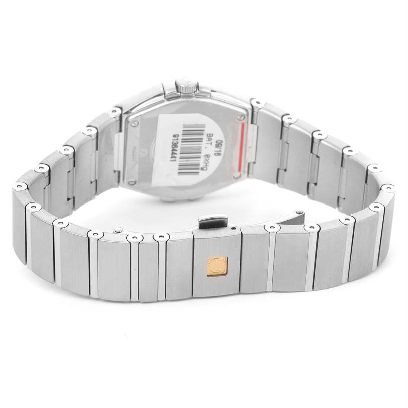 The image shows the back and bracelet of the Omega 123.15.27.60.05.001 Women
s Stainless Steel Mother of Pearl Dial 123.15.27.60.05.001 Women
s Stainless Steel Mother of Pearl Dial Constellation 27mm Diamond Ladies Watch model 123.15.27.60.05.001.