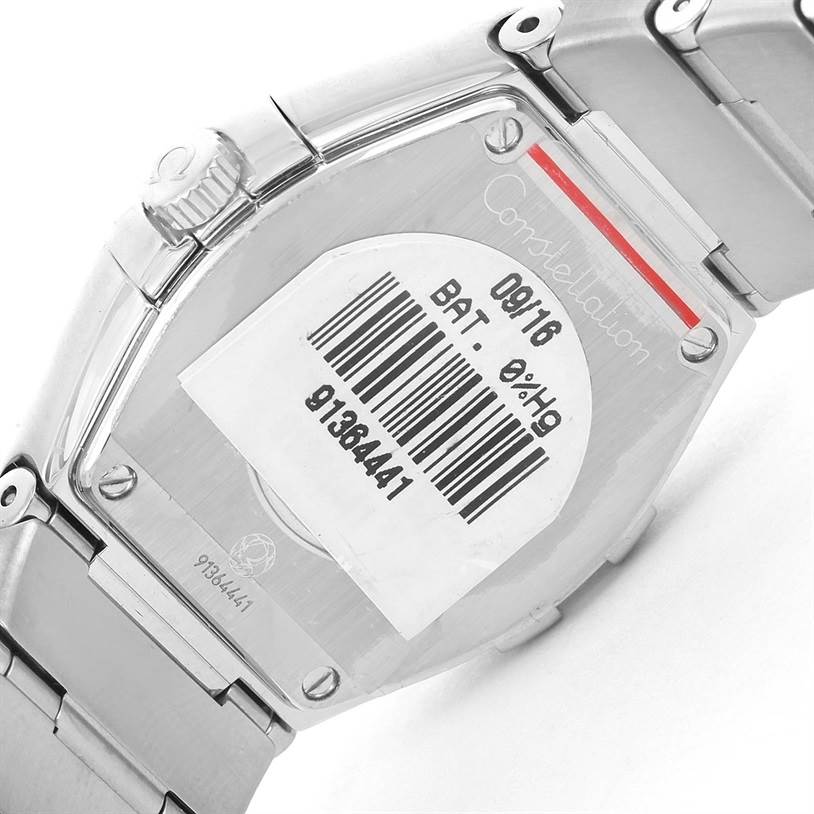 The image shows the back of the Omega 123.15.27.60.05.001 Women
s Stainless Steel Mother of Pearl Dial 123.15.27.60.05.001 Women
s Stainless Steel Mother of Pearl Dial Constellation 27mm Diamond Ladies Watch 123.15.27.60.05.001, including its case back and part of the bracelet.