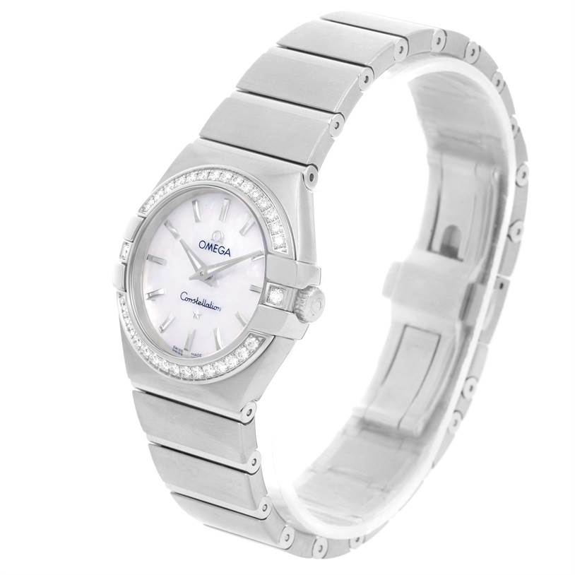 The Omega 123.15.27.60.05.001 Women
s Stainless Steel Mother of Pearl Dial 123.15.27.60.05.001 Women
s Stainless Steel Mother of Pearl Dial Constellation 27mm Diamond Ladies Watch 123.15.27.60.05.001 is shown at a slight angle, highlighting the face, bezel, and bracelet.