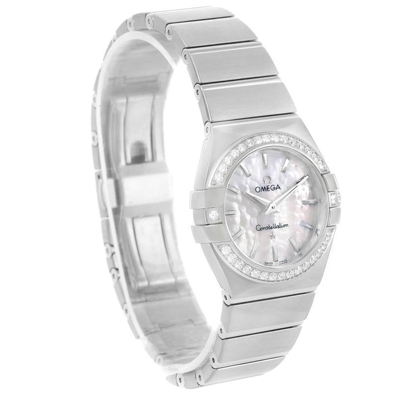 The image shows an angled view of the Omega 123.15.27.60.05.001 Women
s Stainless Steel Mother of Pearl Dial 123.15.27.60.05.001 Women
s Stainless Steel Mother of Pearl Dial Constellation 27mm Diamond Ladies Watch 123.15.27.60.05.001, highlighting its face, bezel, and band.