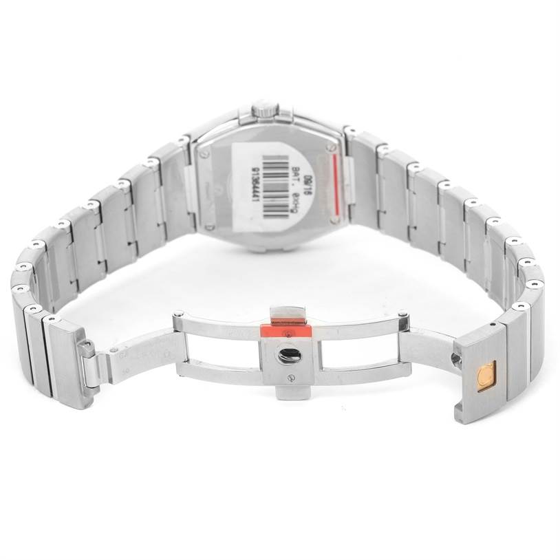 The image shows the open stainless steel bracelet and the back of the Omega 123.15.27.60.05.001 Women
s Stainless Steel Mother of Pearl Dial 123.15.27.60.05.001 Women
s Stainless Steel Mother of Pearl Dial Constellation 27mm Diamond Ladies Watch, model 123.15.27.60.05.001.