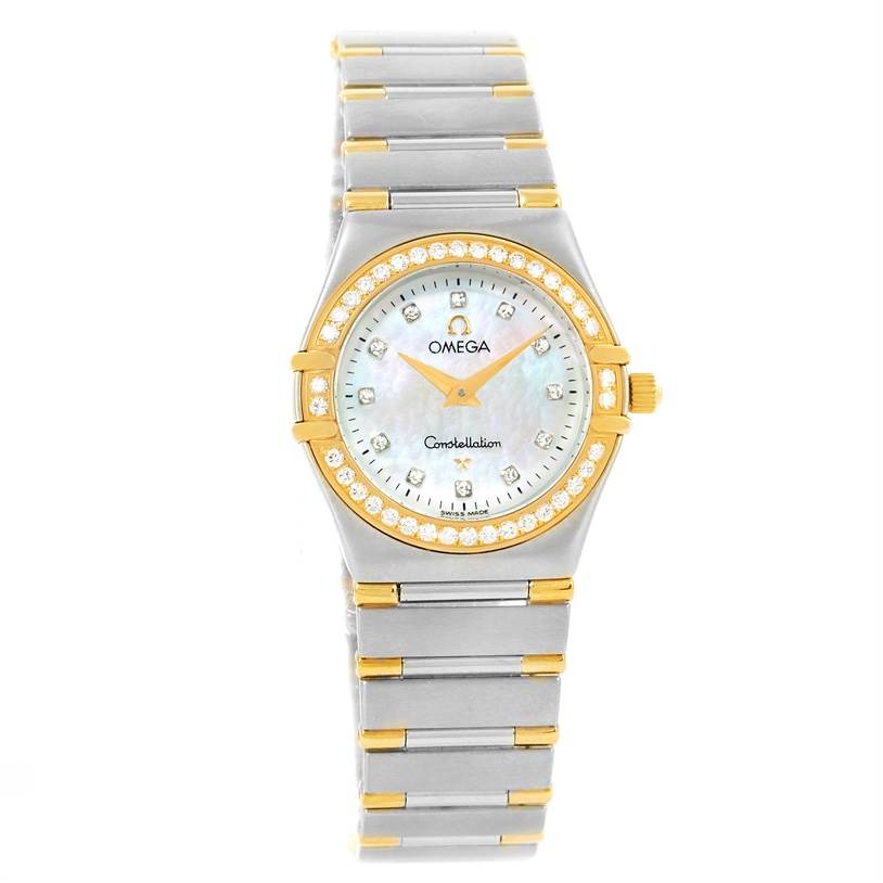 This image shows the front view of the Omega 1376.75.00 Women
s Steel and Gold (two tone) Mother of Pearl Dial 1376.75.00 Women
s Steel and Gold (two tone) Mother of Pearl Dial Constellation My Choice Steel Yellow Gold Diamond Watch 1376.75.00, displaying its dial and bracelet.
