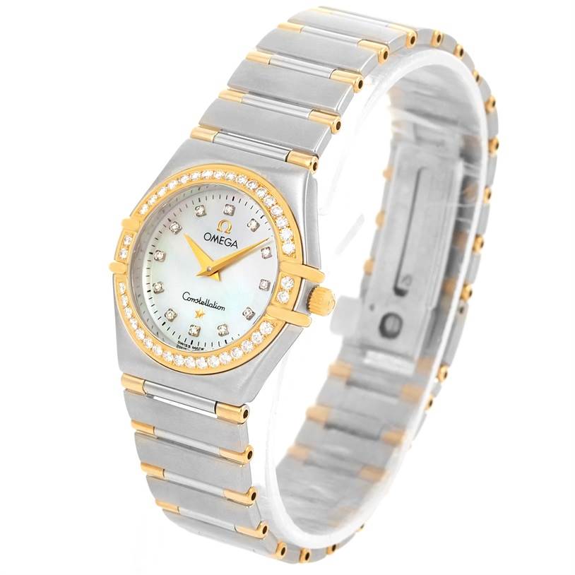The Omega 1376.75.00 Women
s Steel and Gold (two tone) Mother of Pearl Dial 1376.75.00 Women
s Steel and Gold (two tone) Mother of Pearl Dial Constellation My Choice Steel Yellow Gold Diamond Watch 1376.75.00 is shown at a slight angle displaying the face, bezel, and bracelet.