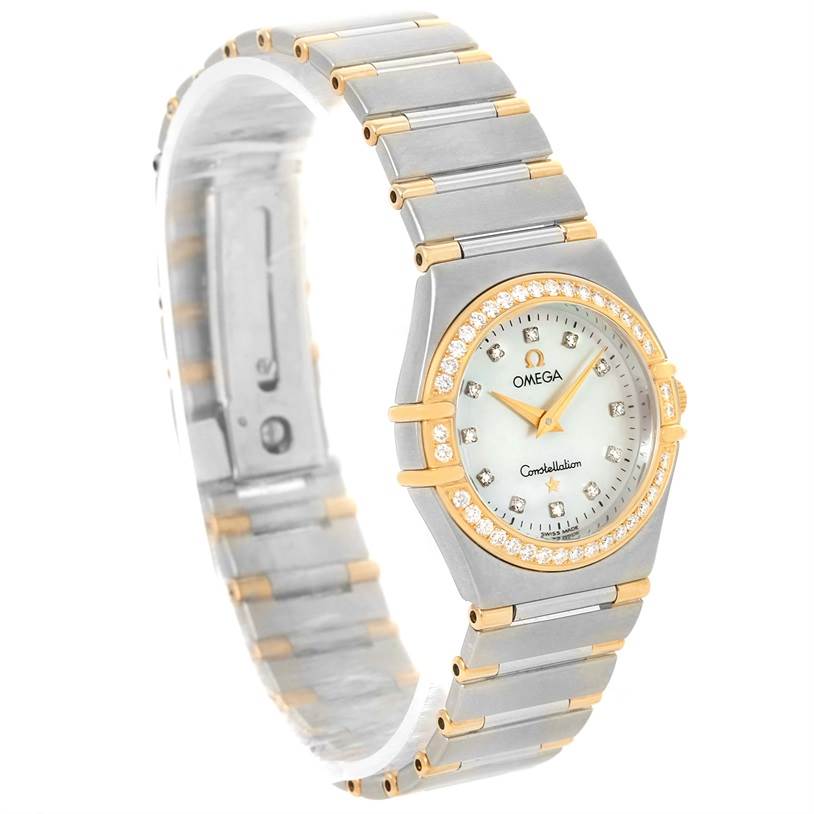 The image shows an Omega 1376.75.00 Women
s Steel and Gold (two tone) Mother of Pearl Dial 1376.75.00 Women
s Steel and Gold (two tone) Mother of Pearl Dial Constellation My Choice Steel Yellow Gold Diamond Watch 1376.75.00 from a front and slightly tilted side angle.