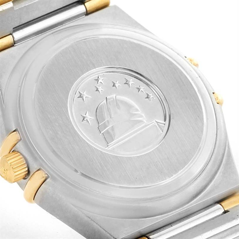 The image shows the back case of the Omega 1376.75.00 Women
s Steel and Gold (two tone) Mother of Pearl Dial 1376.75.00 Women
s Steel and Gold (two tone) Mother of Pearl Dial Constellation My Choice Steel Yellow Gold Diamond Watch 1376.75.00.
