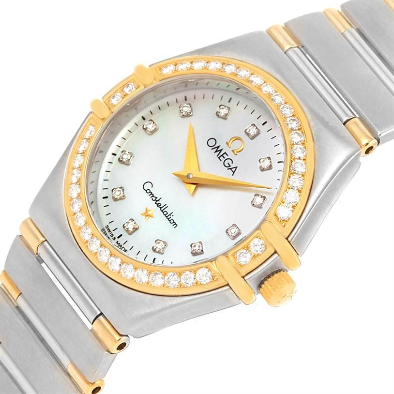 The image shows an angled view of the Omega 1376.75.00 Women
s Steel and Gold (two tone) Mother of Pearl Dial 1376.75.00 Women
s Steel and Gold (two tone) Mother of Pearl Dial Constellation My Choice Steel Yellow Gold Diamond Watch 1376.75.00, showcasing the face, bezel, and part of the bracelet.