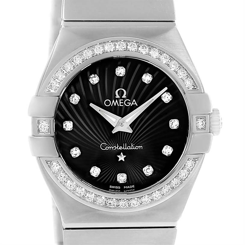 The image shows a front view of the Omega 123.15.27.60.51.001 Women's Stainless Steel Black Dial 123.15.27.60.51.001 Women's Stainless Steel Black Dial Constellation 27mm Diamond Watch 123.15.27.60.51.001, displaying its face and bezel.